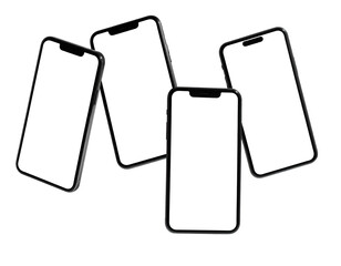 Four modern smartphones with black screens arranged against a pure black background