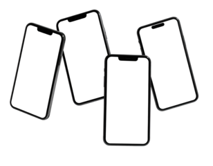 Four modern smartphones with black screens arranged against a pure black background