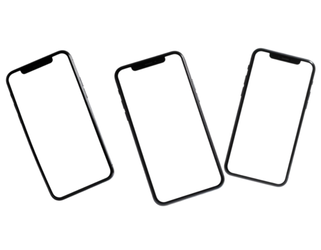Three smartphones with dark screens arranged diagonally on a pitch-black background