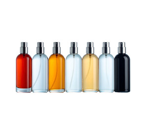 Collection of perfume bottles in various colors, standing in a straight line on a black background