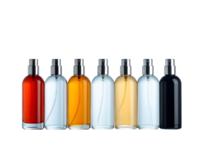 Collection of perfume bottles in various colors, standing in a straight line on a black background