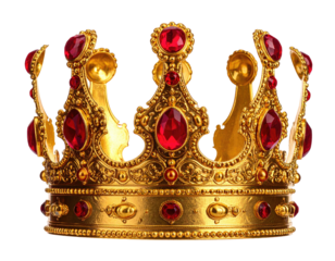 Ornate gold crown, studded with red jewels, isolated on black background