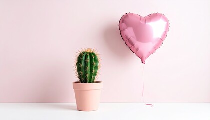 Cactus and heart balloon on table against pink background. Love contrast concept