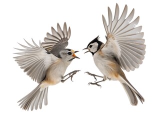 Obraz premium Bridled Titmice Fighting Mid-Air Isolated on White