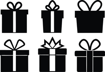 6 different gift box, present, surprise, christmas gift icon outline silhouette vector illustration