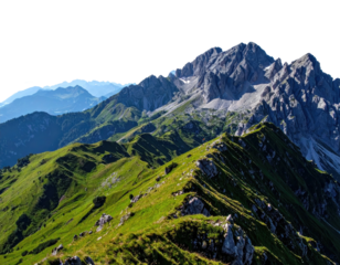 Majestic mountain range with lush green slopes and rocky peaks under a clear sky