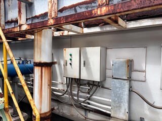 Industrial electrical junction boxes and control panels mounted on a wall, positioned beneath a heavily rusted metal beam. The scene features exposed wiring, a chemical dosing pump, and a white water 