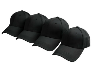 Four plain black baseball caps arranged diagonally against a solid black background