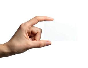 Obraz premium A human hand, viewed in close-up, holding a blank rectangular card against a black backdrop