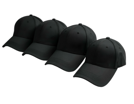 Four plain black baseball caps arranged diagonally against a solid black background