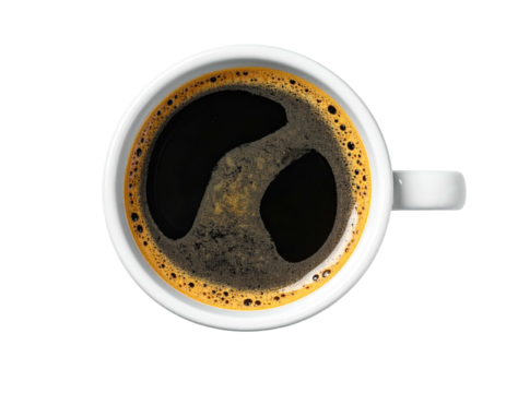 Overhead shot of a white ceramic cup brimming with dark coffee, foam visible