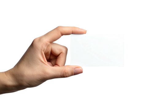 A human hand, viewed in close-up, holding a blank rectangular card against a black backdrop