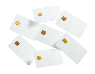 A scattered collection of blank white payment cards with embedded golden chips
