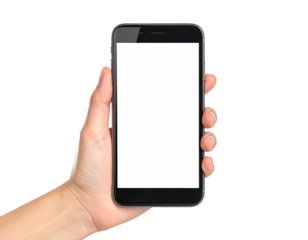 A person's hand holding a blank-screened mobile device against a black background