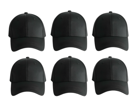 Six identical dark baseball caps arranged in two rows of three against a neutral background