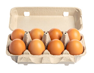 An open carton displaying eight brown eggs, showcasing their smooth texture and golden hue