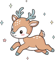 Adorable Cartoon Reindeer Leaping with Joy Amidst Sparkling Stars.