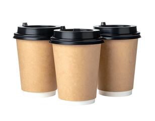 Three disposable paper cups with black lids, presented on a black background