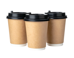 Three disposable paper cups with black lids, presented on a black background
