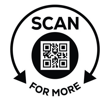 Black and white vector icon featuring a QR code inside a stylized frame, enclosed by a circular arrow and the text "SCAN FOR MORE." This graphic symbolizes digital access, linking, or quick informatio