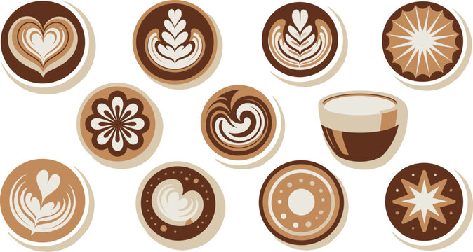 Assorted Coffee Latte Art Designs and Dessert Illustrations on White Background, Flat