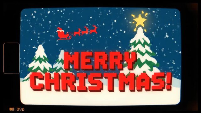 Vhs christmas greeting with santa claus sleigh flying over pixel winter landscape. Retro holiday digital animation footage.