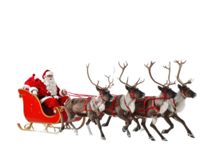 A jolly figure in a red suit pilots a sled pulled by reindeer against a black backdrop