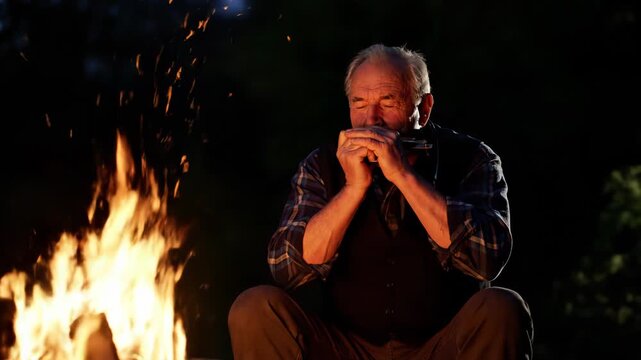 Smiling senior man plays a harmonica by a bright campfire with sparks at dusk.