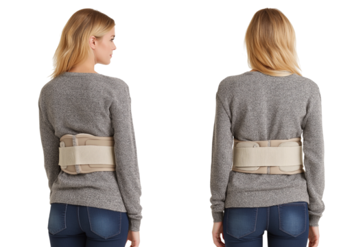 Young Woman Wearing Lumbar Support Belt for Back Pain Relief and Posture Support isolated on a transparent background