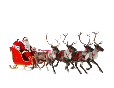 A jolly figure in a red suit pilots a sled pulled by reindeer against a black backdrop