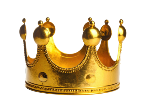 Gleaming gold crown with intricate detailing, rendered against a stark black backdrop