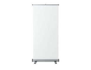 A blank, upright, rectangular banner with a roll-up mechanism, set against a black background