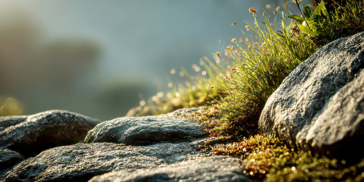 Morning Dew on Wet Rocks and Grass in a Close-up Mountain Nature Landscape