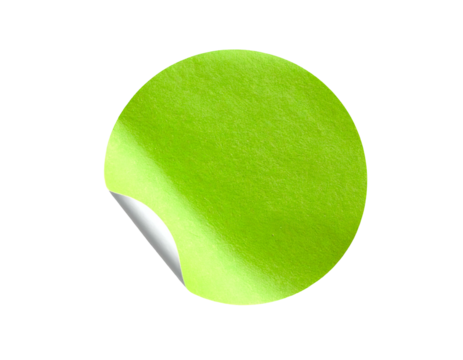 A single, circular sticker with a textured surface. The corner is peeled back, revealing a gray underlay