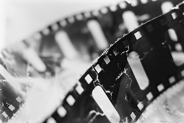 Close up of old damaged film strip, abstract background for movie industry use