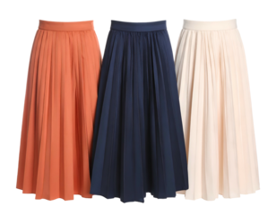 Three long, pleated skirts in varying colors, isolated against a black background