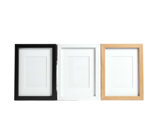 Three rectangular framed photos in different colors with white matting, against a black background