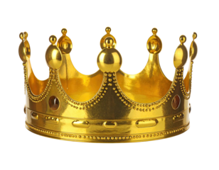 A gold colored crown, detailed, with spikes and round baubles, isolated on black