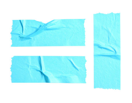Three pieces of light blue tape with crinkled surfaces and torn edges against a black background
