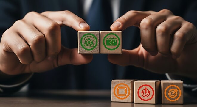Businessman holding wooden blocks with financial and business symbols representing investment strategy