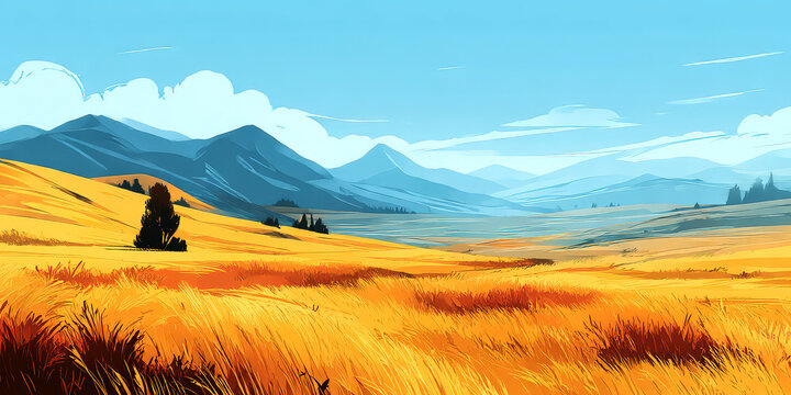 Digital Painting of Golden Field and Hazy Blue Mountain Range Under Bright Sky