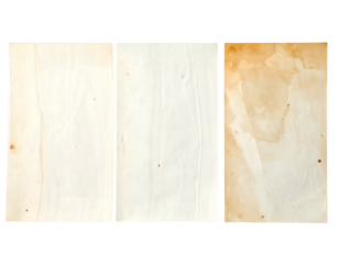 Three aged rectangular paper sheets arranged side by side with stains and blemishes