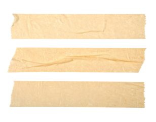 Three strips of aged, textured adhesive tape, neatly arranged against a stark black backdrop