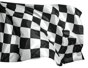 Close-up of a checkered flag waving in the wind, showing the black and white pattern