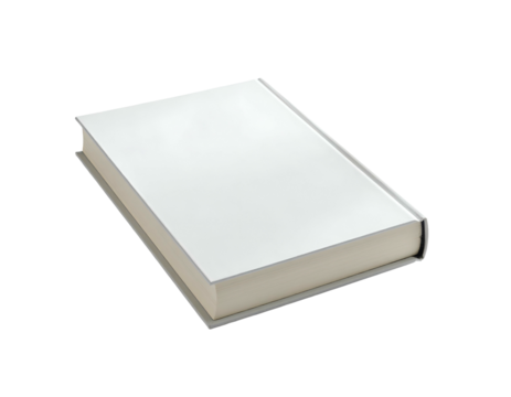 A slightly angled, rectangular book with a blank white cover against a black background