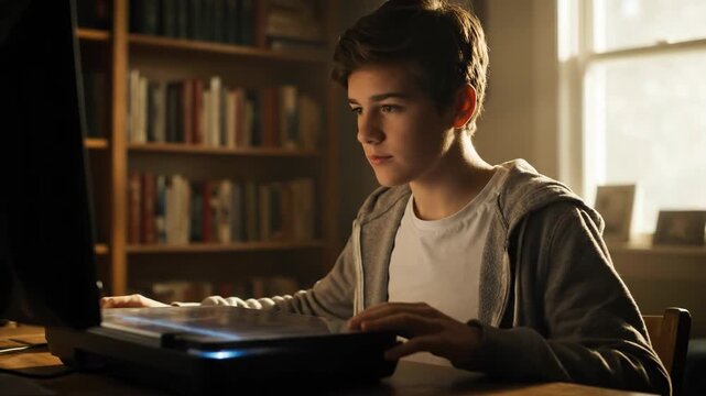 A studious young boy intently works on a computer in a warm, sunlit room with bookshelves.