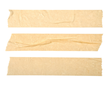 Three strips of aged, textured adhesive tape, neatly arranged against a stark black backdrop