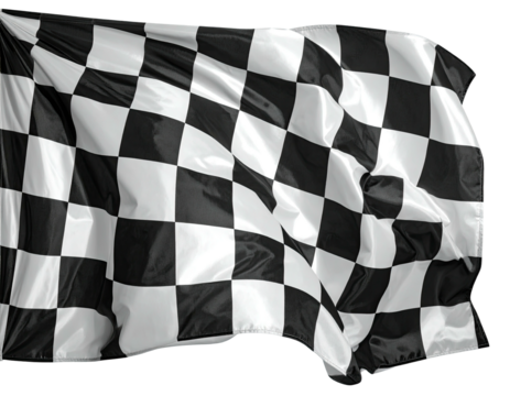 Close-up of a checkered flag waving in the wind, showing the black and white pattern