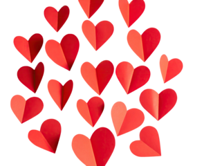 A cluster of folded red paper hearts against a black background, conveying love and affection