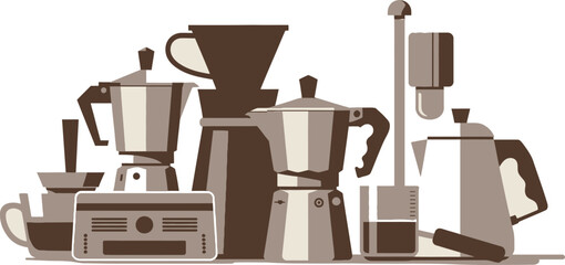 Coffee Brewing Methods Still Life Moka Pots, Pour Over, Espresso Machine, French Press